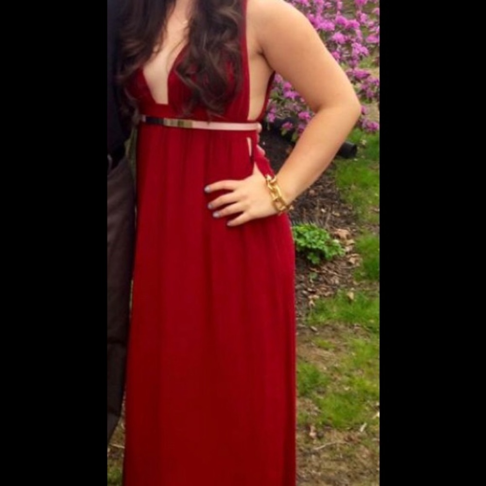 Grecian-style red maxi dress with deep plunge